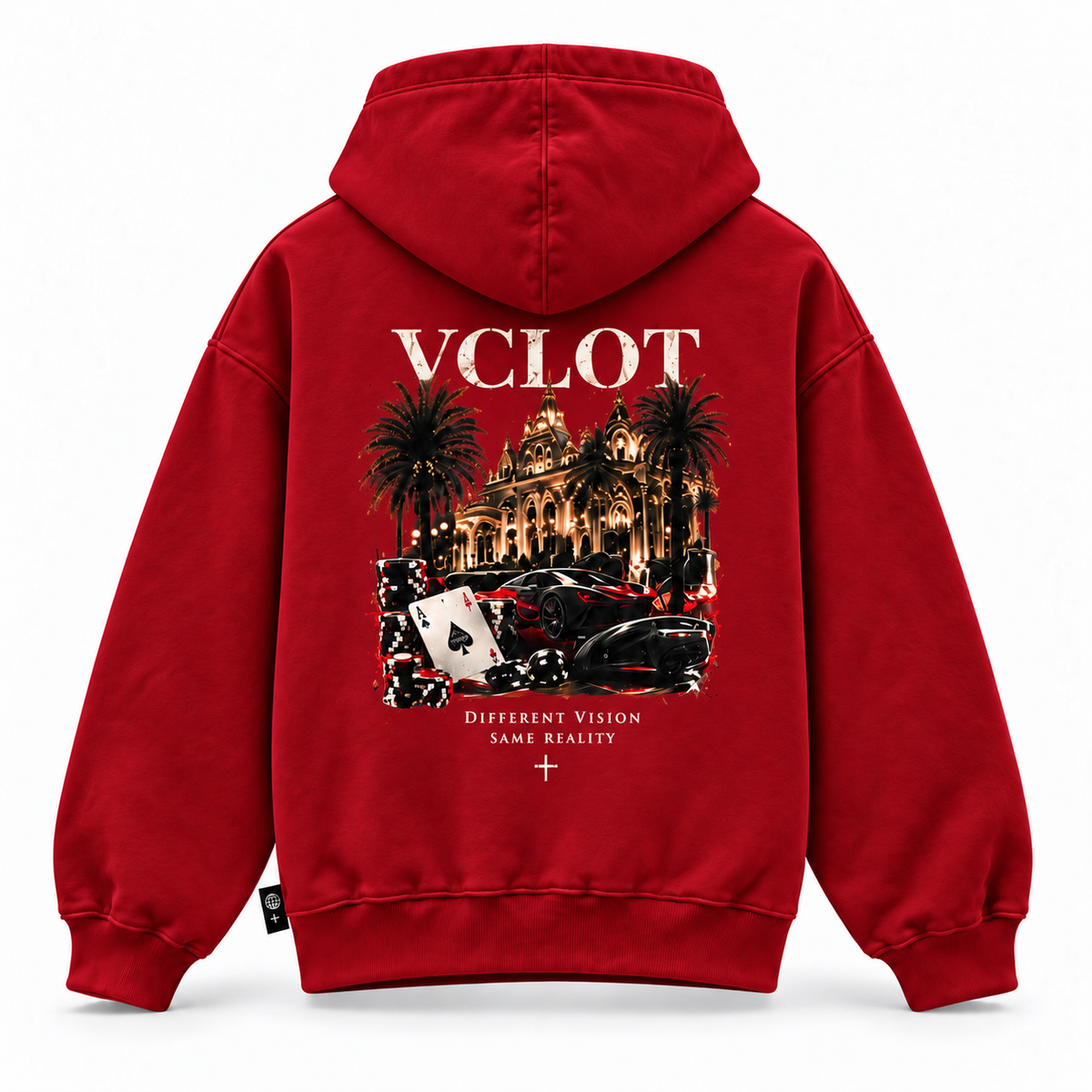Red | VCLOT High Stakes hoodie, back view