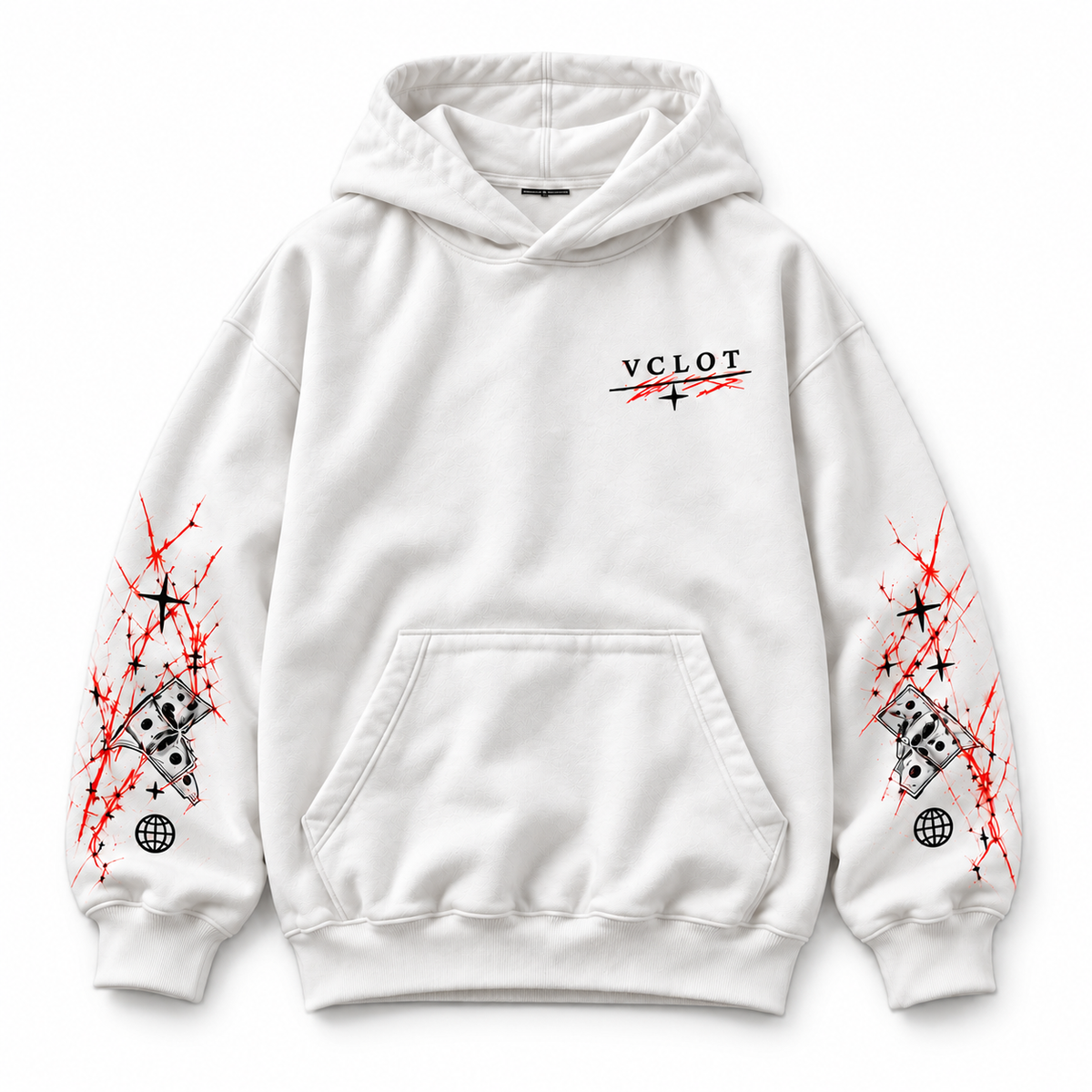 White | VCLOT Scarlet Vision hoodie, front view
